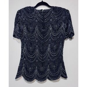 Papell Boutique Vintage Glam Hand Beaded Silk Evening Top Women's Small Art Deco